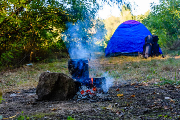 istock Cooking food in a kettle on bonfire. Tent on background 1042894270