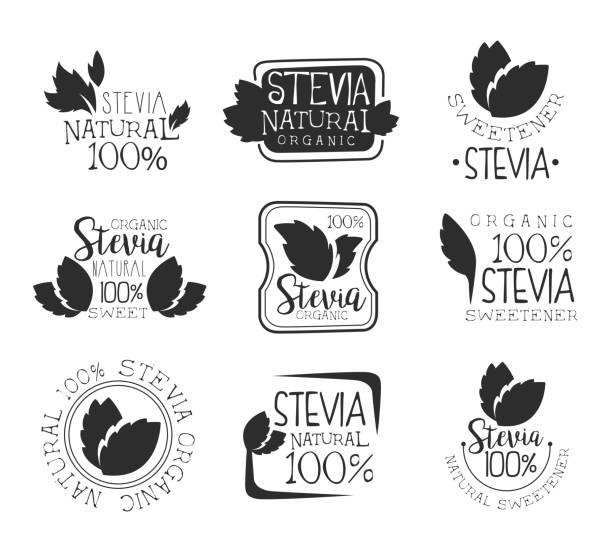 illustrazioni stock, clip art, cartoni animati e icone di tendenza di set logo prodotto biologico stevia, dolcificante naturale distintivo in bianco e nero, etichetta, adesivo vettoriale illustrazioni su sfondo bianco - sweetleaf