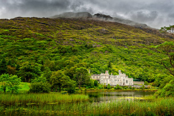 Aerial drone view of McDermotts Castle on small island in Lough Key lake, county Leitrim, Ireland