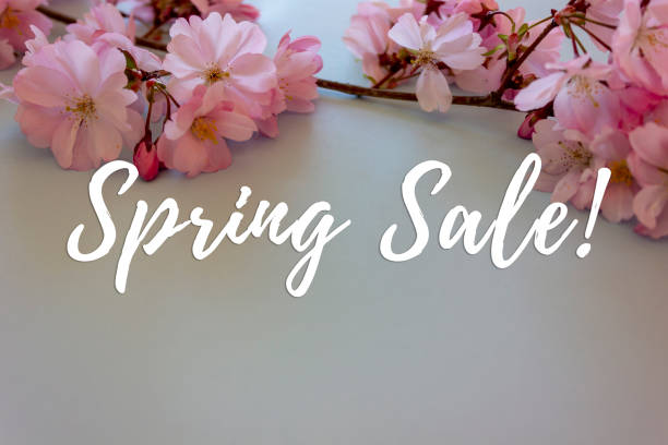 istock Pink spring blossoms on pale blue background with Spring Sale lettering 1042900950