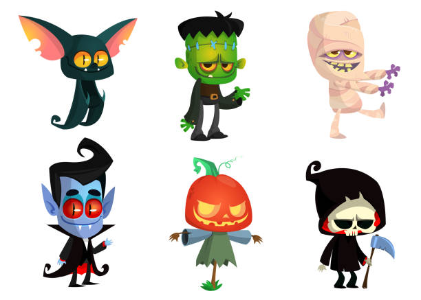 stockillustraties, clipart, cartoons en iconen met set halloween tekens. vector mummie, zombie, vampier, vleermuis, dood grim reaper, pompoen hoofd. ideaal voor feestdecoratie of sticker - fictieve figuren