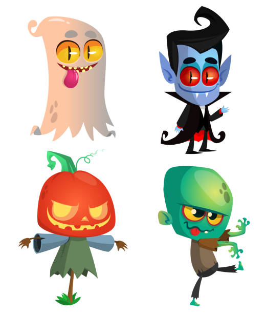 Set of Halloween characters. Vector cartoon ghost, vampire, pumpkin jack o lantern, zombie.  Great for party decoration Set of Halloween characters. Vector cartoon ghost, vampire, pumpkin jack o lantern, zombie.  Great for party decoration goblin stock illustrations