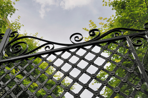 Balcony railing with grating in wrought iron.