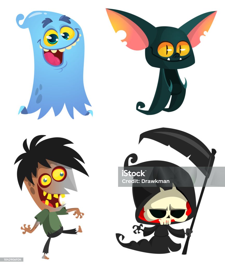 Set Of Halloween Characters Vector Cartoon Zombie Bat Death Grim Reaper  Ghost Great For Party Decoration Stock Illustration - Download Image Now -  iStock