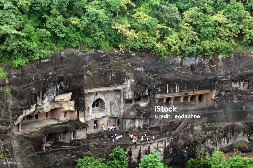 The view of Ajanta caves, the rock-cut Buddhist monuments The view of Ajanta caves, the rock-cut Buddhist monuments. Taken in India, August 2018. Ajanta Caves Stock Photo