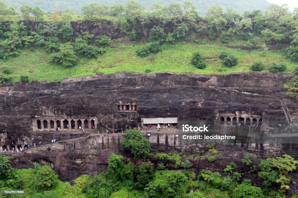 The view of Ajanta caves, the rock-cut Buddhist monuments The view of Ajanta caves, the rock-cut Buddhist monuments. Taken in India, August 2018. India Stock Photo