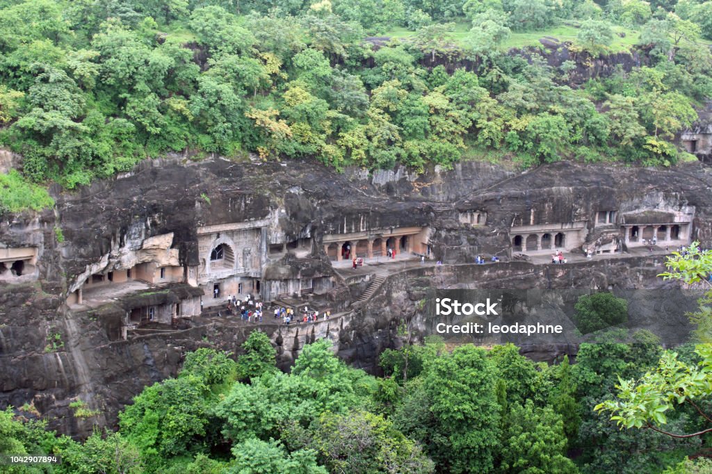 The view of Ajanta caves, the rock-cut Buddhist monuments The view of Ajanta caves, the rock-cut Buddhist monuments. Taken in India, August 2018. India Stock Photo