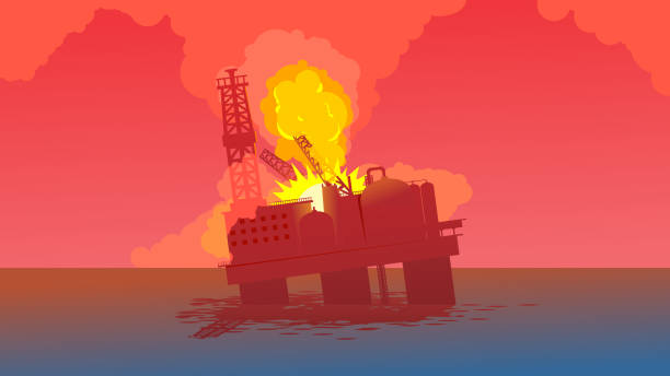 offshore-rig auf feuer unfall große explosion und sinken - oil rig oil industry sea oil stock-grafiken, -clipart, -cartoons und -symbole