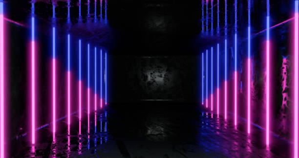 3D Rendering. Geometric figure in neon light against a dark tunnel. Laser glow.