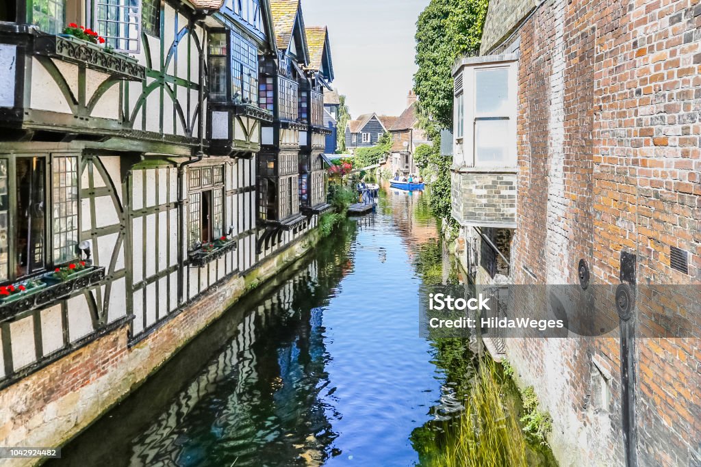 Ancient center of Caterbury Historic center of Canterbury with half timbered houses and the river Great Stour, Kent, UK Canterbury - England Stock Photo