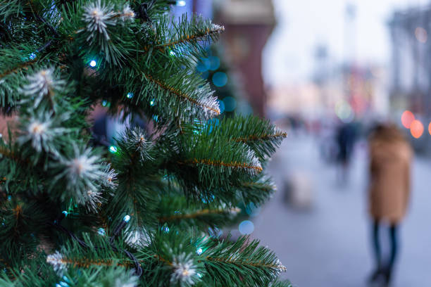 Christmas street decorations from artificial Christmas tree branches