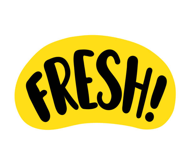 Fresh word. Bright text on white background. Graphic logo design for print on packaging, pack. Vector illustration Fresh word. Bright text label sign on white background. Graphic logo design for print on food or drink packaging, juice pack. Vector illustration cartoon style. Yellow and black color freshness stock illustrations