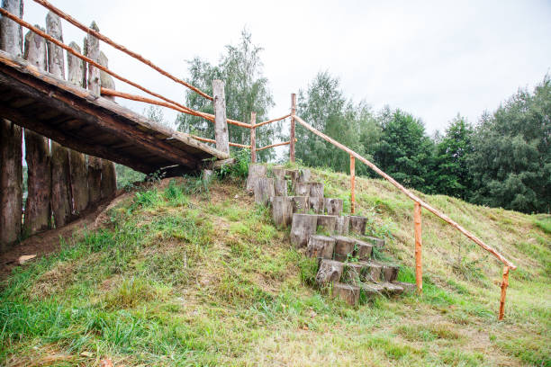 istock wooden staircase in the forest 1042942178