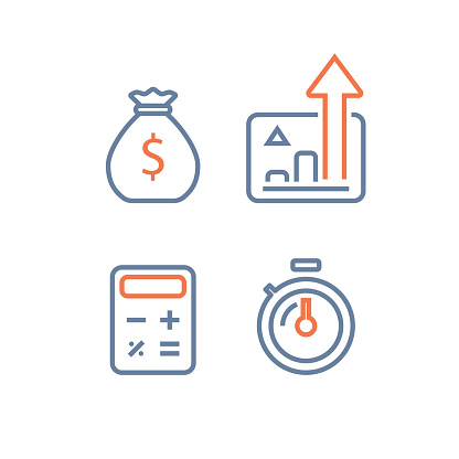 Long term investing strategy, financial performance report, revenue increase, interest rate chart, fast income growth, mutual fund, quick loan, expenses calculating, stopwatch time period, line icon