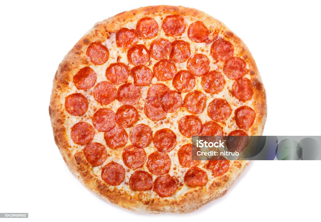 Pizza pepperoni isolated on white background Pizza pepperoni isolated on white background, top view Pizza Stock Photo