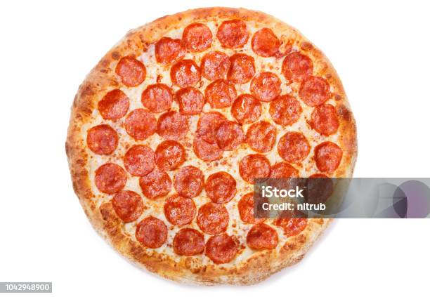 Pizza Pepperoni Isolated On White Background Stock Photo - Download Image Now - Pizza, Pepperoni Pizza, White Background