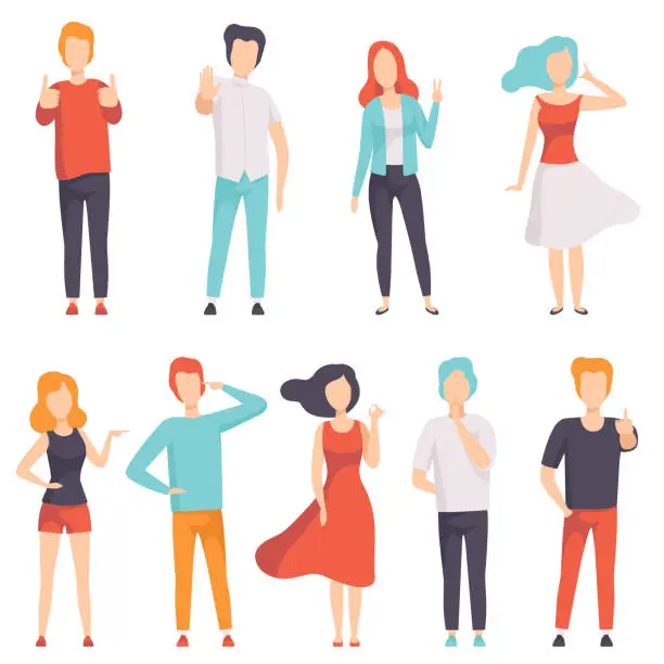 Vector illustration of People showing different gestures set, , faceless men and women characters gesturing vector Illustration on a white background