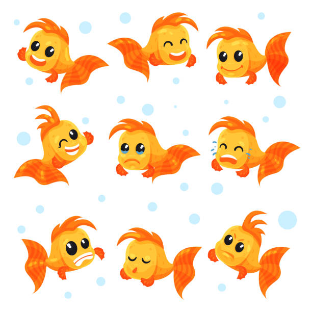 かわいい金魚セット、面白い魚の漫画の文字と白い背景にさまざまな感情ベクトル イラスト - animal wink点のイラスト素材／クリップアート素材／マンガ素材／アイコン素材
