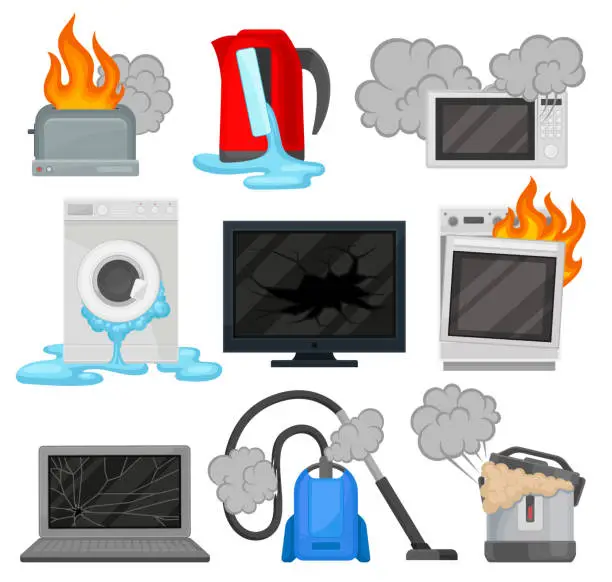 Vector illustration of Broken home appliances set, damaged electrical household equipment vector Illustrations on a white background