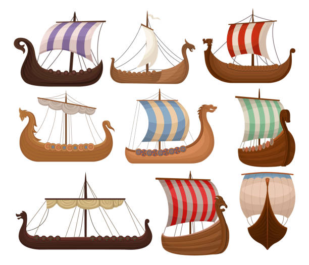 ilustraciones, imágenes clip art, dibujos animados e iconos de stock de set de viking escandinavo draccars, nave normanda con vector ventas color ilustraciones sobre un fondo blanco - drakkar