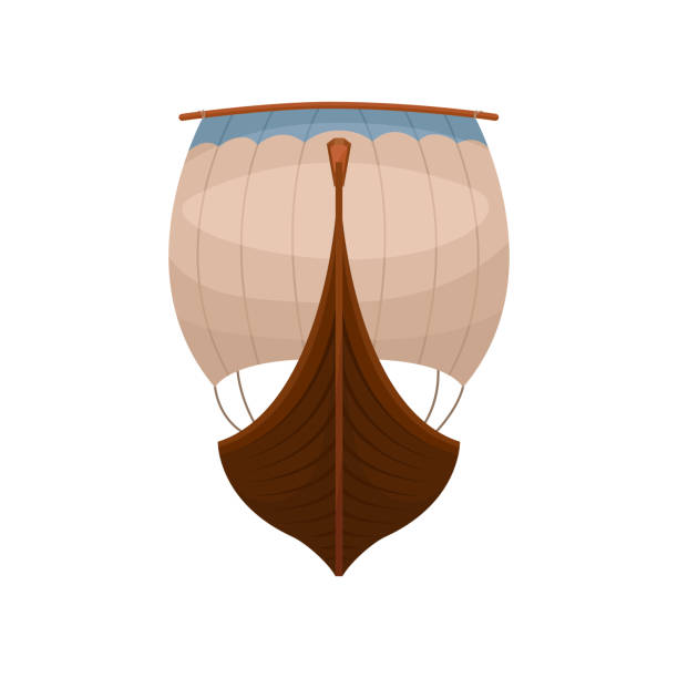 ilustrações de stock, clip art, desenhos animados e ícones de viking scandinavian draccar, front view, norman ship vector illustration on a white background - drakkar