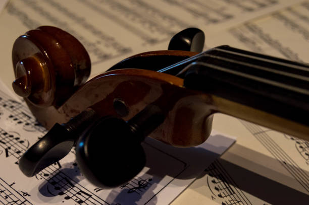 istock Wooden violin on a sheet music. 1042961124