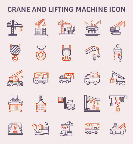 crane lifting icon Crane and lifting machine icon set, color and outline. gantry crane stock illustrations