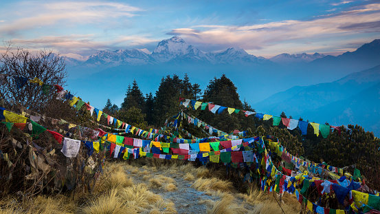 View of the Dhaulagiri massif from Poon Hill adorned with prayer flags.