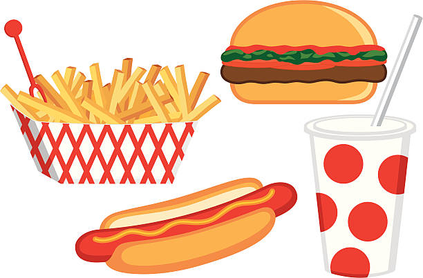 ilustraciones, imágenes clip art, dibujos animados e iconos de stock de colección de comida rápida - hamburger refreshment hot dog bun