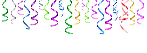 set of party hanging curling ribbons isolated on white background. christmas decorations elements.  various serpentine or streamers"n - ribbon curled up hanging christmas imagens e fotografias de stock