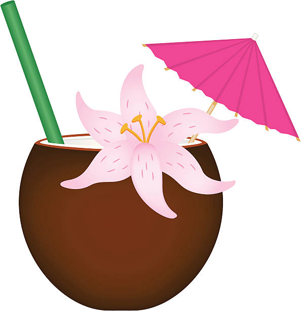 열대 음료를 코코넛 섈 - coconut drink cocktail umbrella stock illustrations
