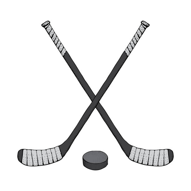 istock Ice Hockey stick with puck. Sports Vector illustration isolated on white background. Ice hockey sports equipment. Hand drawn stick in cartoon style. 1042976724