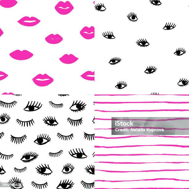 Hand Drawn Eye Pink Lips Doodles Seamless Pattern Set In Retro Style Vector Beauty Pop Art Illustration Of Open And Close Eyes For Cards Textiles Wallpapers Backgrounds Stock Illustration - Download Image Now