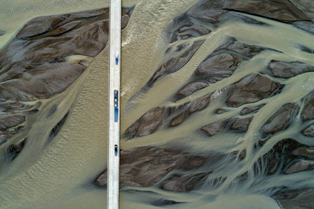 istock Bridge with traffic and sand patterns, Iceland, aerial view 1042990642