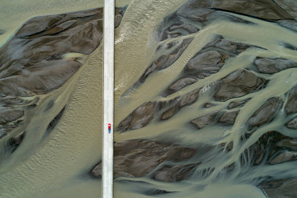 istock Bridge and sand patterns, Iceland, aerial view 1042995288