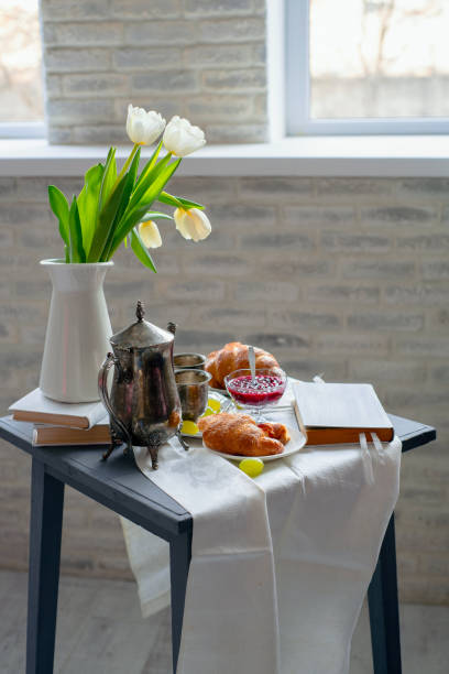 istock Morning: Breakfast with croissants, jam and tea. 1042997896