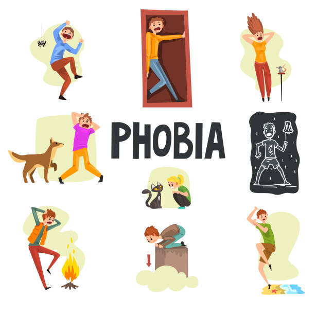 ilustrações de stock, clip art, desenhos animados e ícones de people suffering from various phobias set, arachnophobia, claustrophobia, musophobia, cynophobia, nyctophobia, pyrophobia, ailurophobia, acrophobia, hydrophobia vector illustrations - musophobia