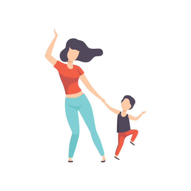 мама и сын танцуют, ребенок веселится с матерью вектор иллюстрация на белом фоне - child jumping white background small stock illustrations