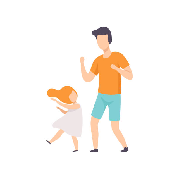 ilustrações de stock, clip art, desenhos animados e ícones de daughter and dad dancing, little girl having fun with her father vector illustration on a white background - father and daughter
