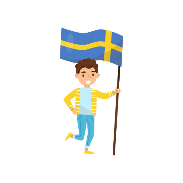 bildbanksillustrationer, clip art samt tecknat material och ikoner med pojken håller flagga sverige, designelement för independence day, flaggans dag vektor illustration på vit bakgrund - studenter sweden