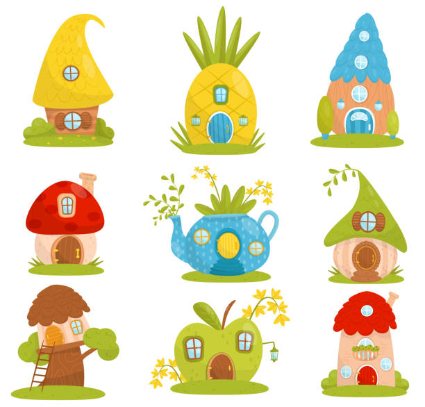 ilustrações de stock, clip art, desenhos animados e ícones de cute small houses set, fairytale fantasy house for gnome, dwarf or elf vector illustrations on a white background - cartoon mushroom fairy fairy tale