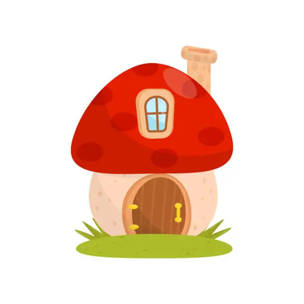 Vector illustration of Small house made from mushroom, fairytale fantasy house for gnome, dwarf or elf vector Illustration on a white background