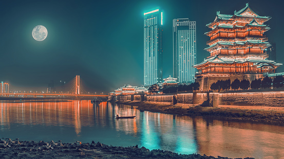 On the Mid-autumn Festival ,Pavilion of Prince Teng and the brige across to Yangtze River under the moon at night ,Chinese trainditional festival and building
