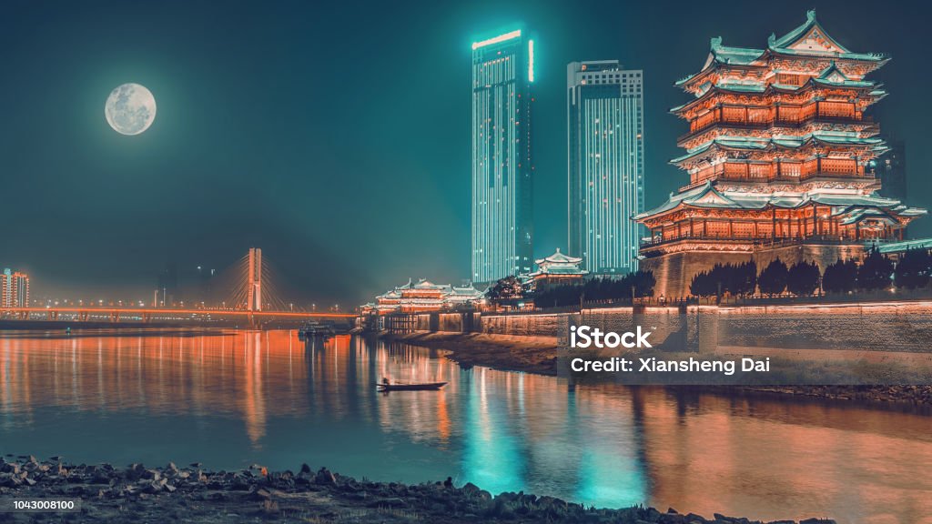 The Mid-autumn Festival ,Pavilion of Prince Teng and the brige across to Yangtze River under the moon at night On the Mid-autumn Festival ,Pavilion of Prince Teng and the brige across to Yangtze River under the moon at night ,Chinese trainditional festival and building Beijing Stock Photo