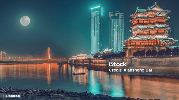 The Midautumn Festival Pavilion Of Prince Teng And The Brige Across To Yangtze River Under The Moon At Night Stock Photo - Download Image Now