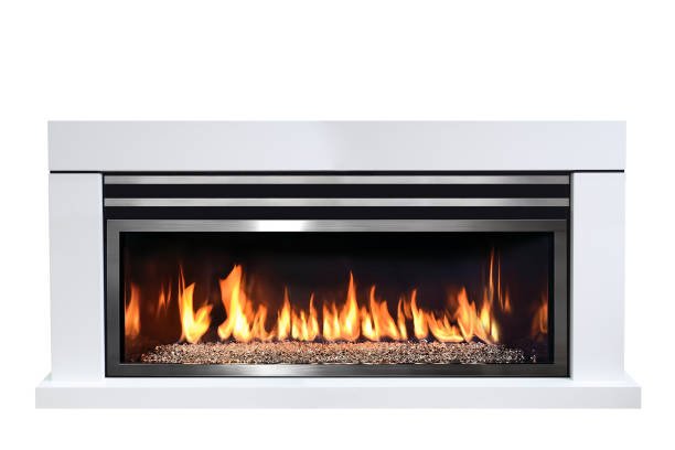 istock Burning gas fireplace isolated on white background 1043015568
