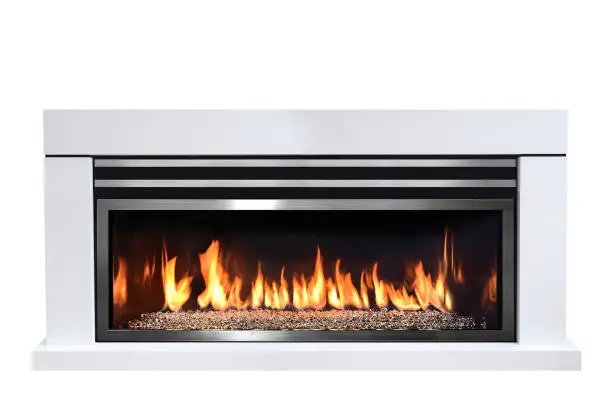 Burning gas fireplace isolated on white background.