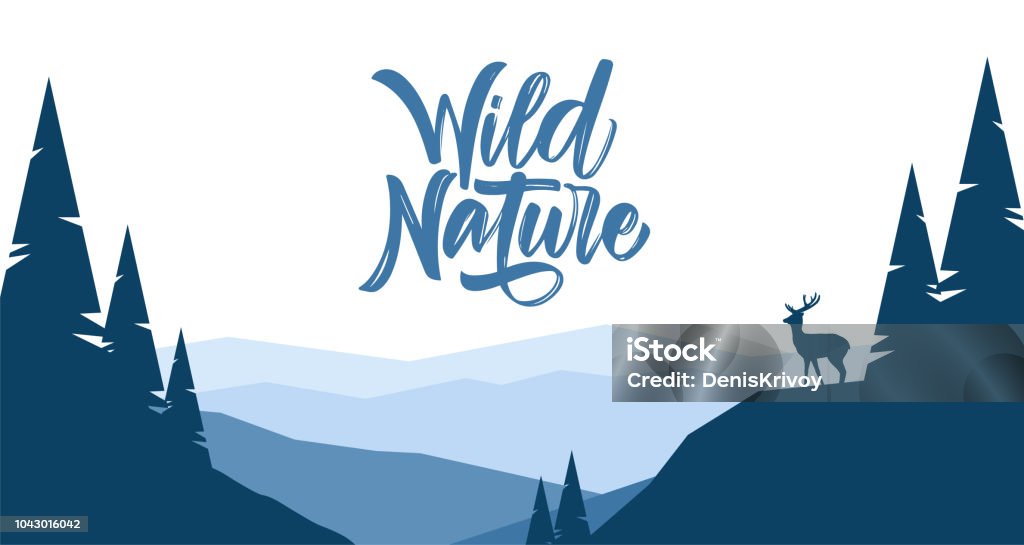 Vector illustration: Flat mountains landscape with hills, pine and silhouette of deer. Vector illustration: Flat mountains landscape with hills, pine and silhouette of deer Forest stock vector