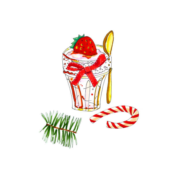 istock Creamy dessert with strawberry in glass with christmas candy and pine branch. 1043016188