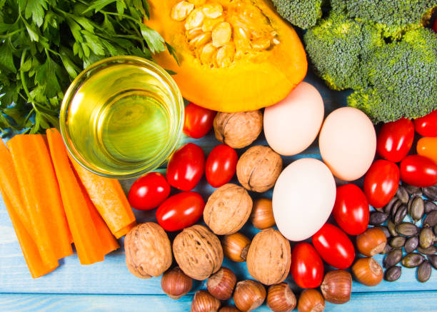 istock Healthy food, dieting concept. Assortment of high vitamin E sources. 1043016290